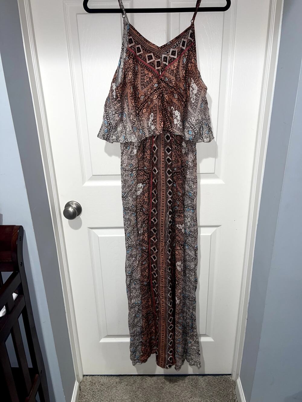 Japna Earth Tone Geometric Boho Print Ruffle Top Maxi Dress